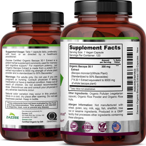 Zazzee USDA Organic Bacopa 30:1 Extract, 50% Bacosides, 120 Vegan Capsules, 4 Month Supply, Bacopa Monnieri, Cognitive, Brain & Memory Support, Non-GMO, Organic Herbal Supplement, Made in the USA - PrimeBioHealth - canada supplements