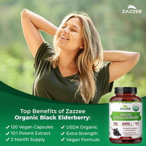 Zazzee USDA Organic Black Elderberry 10:1 Extract, 120 Vegan Capsules, 2 Month Supply, Sambucus Nigra, Antioxidant & Immune Support, Concentrated 10X Extract, All-Natural, Non-GMO, Made in the USA - PrimeBioHealth - canada supplements