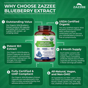Zazzee USDA Organic Blueberry 10:1 Extract, 120 Vegan Capsules, 4 Month Supply, Whole Fruit, Vaccinium Angustifolium, Antioxidant & Cellular Health Support, Herbal Supplement, Non-GMO, Made in the USA - PrimeBioHealth - canada supplements