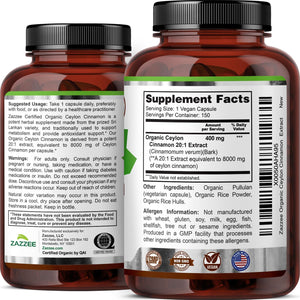 Zazzee USDA Organic Ceylon Cinnamon 20:1 Extract, 150 Vegan Capsules, 5 Month Supply, Sri Lankan Variety, Cinnamomum Verum, Antioxidant & Metabolic Support, All-Natural, Non-GMO, Made in the USA - PrimeBioHealth - canada supplements