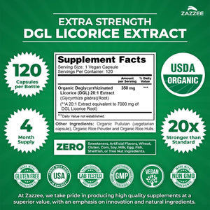 Zazzee USDA Organic DGL Licorice 20:1 Extract, 120 Vegan Capsules, 4 Month Supply, Deglycyrrhizinated Licorice Root, Glycyrrhiza Glabra, Digestive & Stomach Support, All-Natural, Non-GMO, Made in USA - PrimeBioHealth - canada supplements