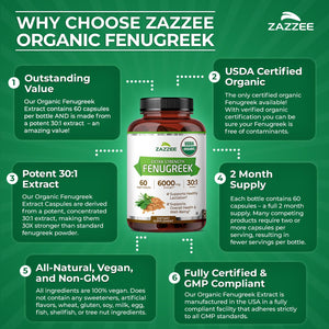 Zazzee USDA Organic Fenugreek 30:1 Extract, 120 Vegan Capsules, 4 Month Supply, Breastfeeding & Lactation Support for Nursing Mothers, Organic Herbal Supplement, All-Natural, Non-GMO, Made in the USA - PrimeBioHealth - canada supplements