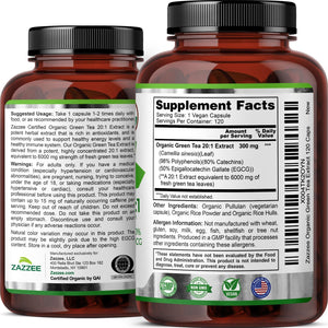 Zazzee USDA Organic Green Tea 20:1 Extract, 50% EGCG, 98% Polyphenols, 80% Catechins, 120 Vegan Capsules, 4 Month Supply, Antioxidant, Metabolism & Energy Support, Non-GMO, All-Natural, Made in USA - PrimeBioHealth - canada supplements