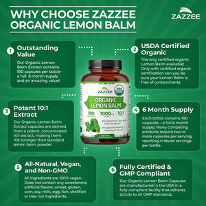 Zazzee USDA Organic Lemon Balm 10:1 Extract, 180 Capsules, 6 Month Supply | Vegan, All-Natural, Non-GMO, Melissa Officinalis, Calm, Mood, Stress & Relaxation Support, Herbal Supplement, Made in the USA - PrimeBioHealth - canada supplements