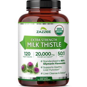 Zazzee USDA Organic Milk Thistle 50:1 Extract, 80% Silymarin Flavonoids, 200 Vegan Capsules, 6+ Month Supply, Silybum Marianum, Liver Support & Detox Support, Organic All-Natural, Non-GMO, Made in USA - PrimeBioHealth - canada supplements