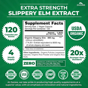 Zazzee USDA Organic Slippery Elm Bark 20:1 Extract, 120 Vegan Capsules, 4 Month Supply, Ulmus Rubra, Digestive, Throat & Mucosal Support, Herbal Supplement, All-Natural, Non-GMO, Made in the USA - PrimeBioHealth - canada supplements