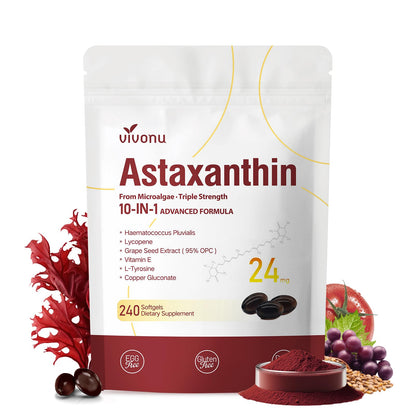 10 in 1 Astaxanthin Supplements 24mg, 4 Month Supply, Astaxantina Antioxidant from Fresh Haematococcus Pluvialis, Contains Lycopene, Grape Seed, Vitamin E - PrimeBioHealth - canada supplements