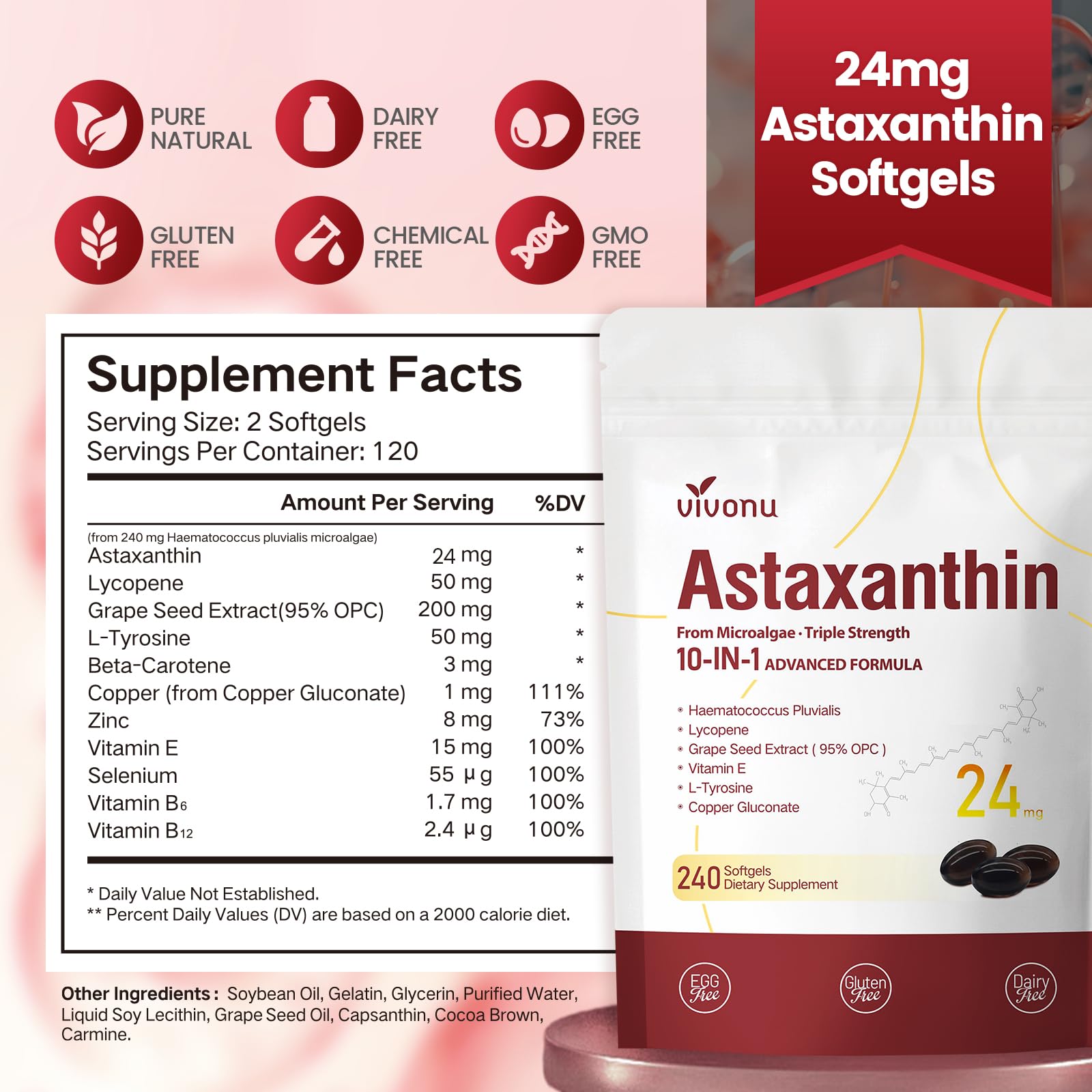 10 in 1 Astaxanthin Supplements 24mg, 4 Month Supply, Astaxantina Antioxidant from Fresh Haematococcus Pluvialis, Contains Lycopene, Grape Seed, Vitamin E - PrimeBioHealth - canada supplements