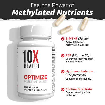 10X Health Optimize Methylated Multivitamin for Men - 90 Capsules, 34 in 1 Formula with 800 mcg of Vitamin B12, 5-MTHF, NAC - PrimeBioHealth - canada supplements