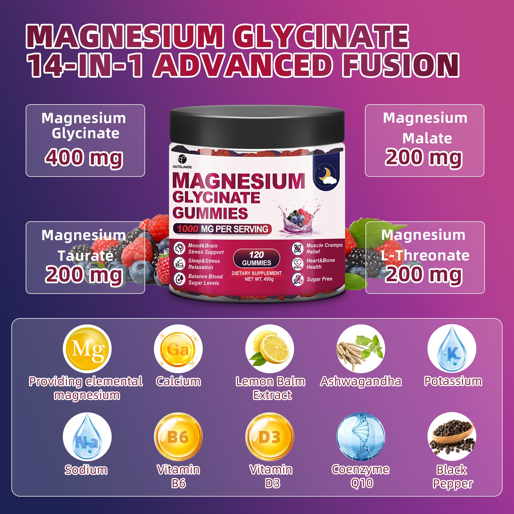120 CT Magnesium Glycinate Gummies 1000 mg for Women and Men, Magnesium Malate & Taurate Supplements for Sleep, Body Support and Relaxation, Sugar Free - PrimeBioHealth - canada supplements