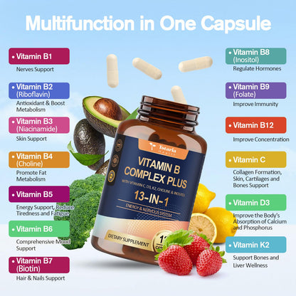 13-in-1 Vitamin B Complex Plus with Vitamin B1, B2, B3 (Niacinamide), B4, B5, B6, B7 (Biotin), B8 (Inositol), B9 (Folate), B12, C, D3, K2 - Energy, Nerve, - PrimeBioHealth - canada supplements
