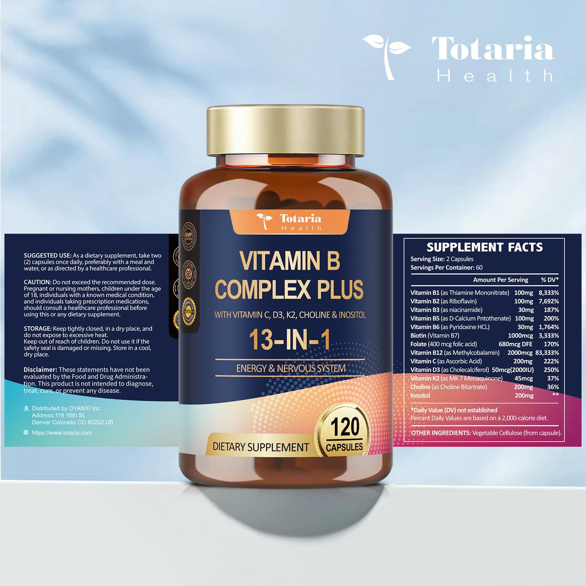 13-in-1 Vitamin B Complex Plus with Vitamin B1, B2, B3 (Niacinamide), B4, B5, B6, B7 (Biotin), B8 (Inositol), B9 (Folate), B12, C, D3, K2 - Energy, Nerve, - PrimeBioHealth - canada supplements