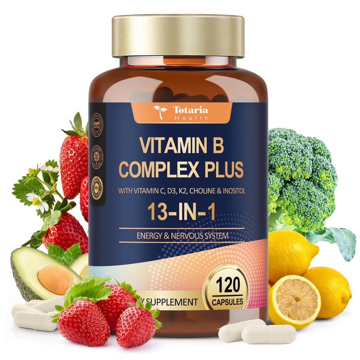 13-in-1 Vitamin B Complex Plus with Vitamin B1, B2, B3 (Niacinamide), B4, B5, B6, B7 (Biotin), B8 (Inositol), B9 (Folate), B12, C, D3, K2 - Energy, Nerve, - PrimeBioHealth - canada supplements