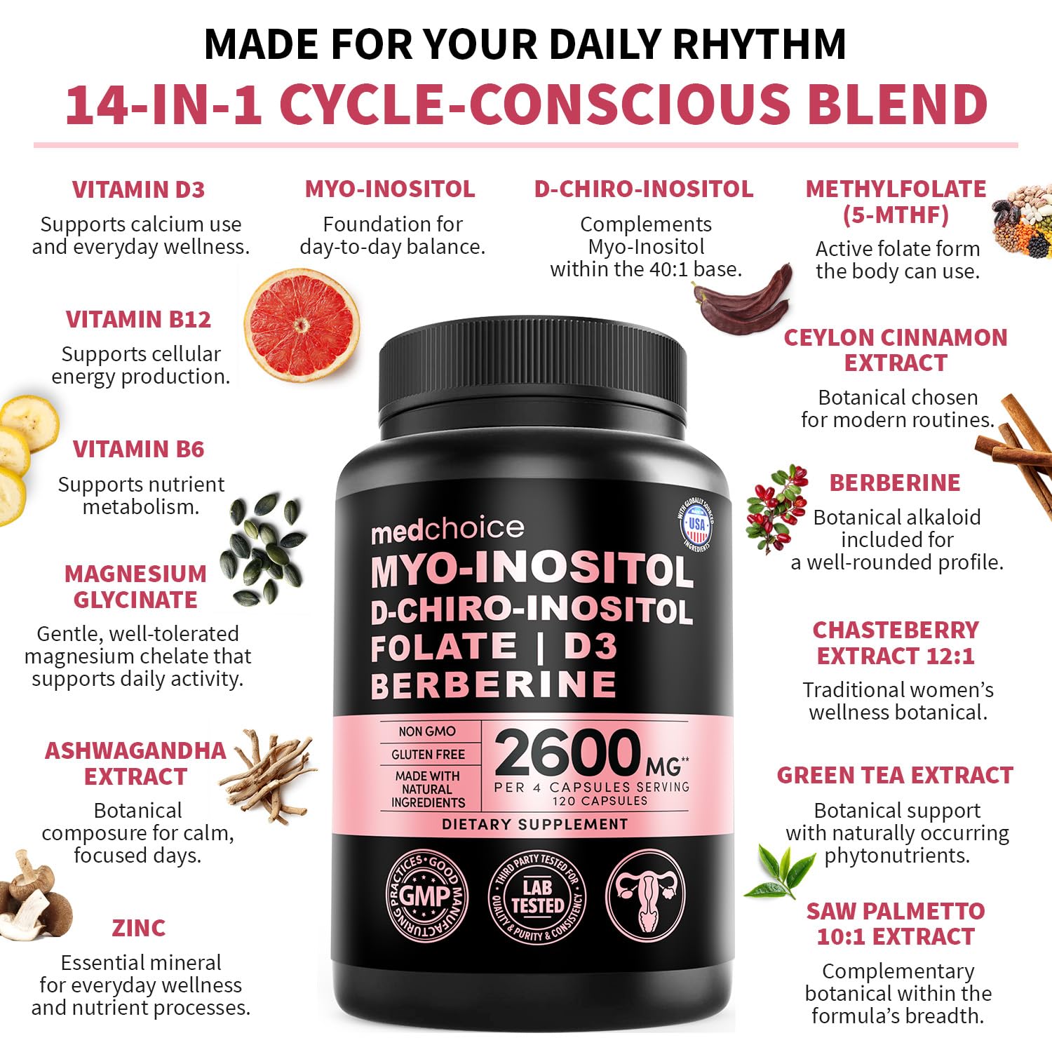 14-in-1 Women’s Inositol Complex Supplement – 40:1 Myo & D-Chiro Inositol with Folate, Vitamin D3, Zinc, Magnesium & Botanicals for Hormone - PrimeBioHealth - canada supplements