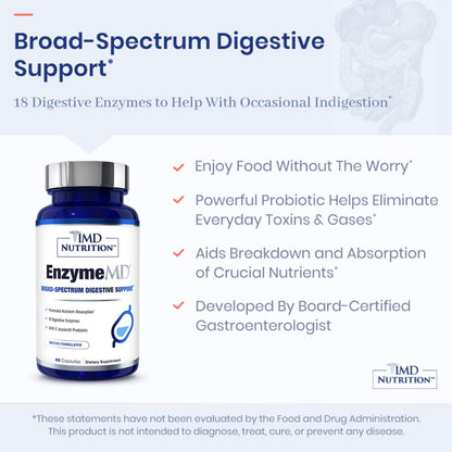 1MD Nutrition EnzymeMD - Digestive Enzymes Supplement - Doctor Formulated | 18 Plant-Based Enzymes - Gas & Bloating Support | 60 Capsules - PrimeBioHealth - canada supplements