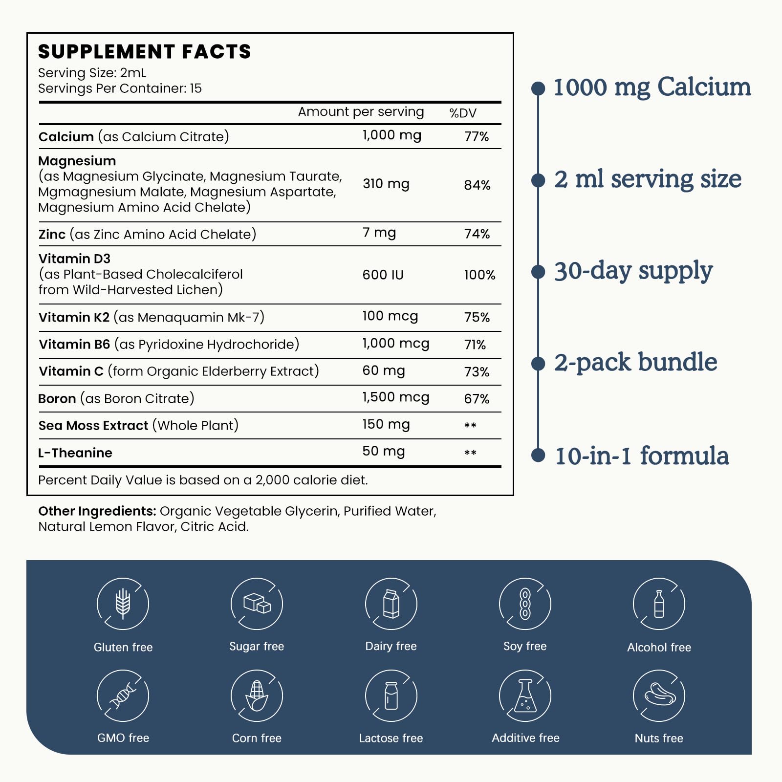 (2 Pack) 10 in 1 Magnesium Calcium Zinc Supplement with Vitamin C D3 K2, Glycinate Mag Vegan Liquid Drops Plus L-Theanine Boron Sea Moss Extract, Immune Support - PrimeBioHealth - canada supplements