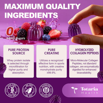 3 in 1 Whey Protein Gummies | Creatine Monohydrate | Collagen, 0 Sugar, Pure Protein Source, Muscle & Energy Support, Berry Flavor, for Women and Men - PrimeBioHealth - canada supplements