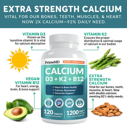 4-in-1 Calcium 1200 mg with Vitamin D3 K2 - Extra Strength Calcium Supplements for Women & Men with D3 K2 Vitamin 5000 IU - Everyday Vitality Supplement - PrimeBioHealth - canada supplements