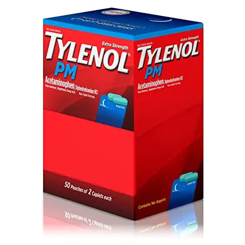 Tylenol PM Extra Strength Nighttime Pain Reliever Sleep Aid Caplets with Acetaminophen & Diphenhydramine HCl, Relief for Nighttime Aches & Pains, Travel Size, 50 Packs of 2 Caplets TylenolBuy Supplements Australia