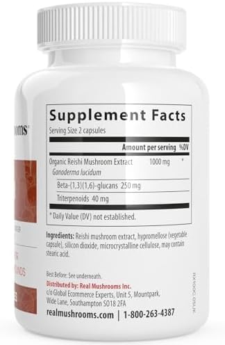 Real Mushrooms Reishi Mushroom Capsules - Handpicked Organic Mushroom Extracts - Red Reishi for Tranquil Daily Wellness with Verified Beta Glucans Vegan, Non-GMO, No Grain Fillers, 200 ct