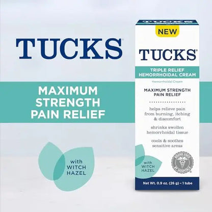 Tucks Triple Relief Hemorrhoidal Cream, Maximum Strength Pain Relief from Burning, Itching and Discomfort, with Witch Hazel, Treatment, Brand Used by Hospitals, 0.9oz. (26g) TUCKSBuy Supplements Australia