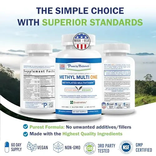 Power By Naturals Methyl Multi One - Iron-Free Methylated Multivitamin with Quatrefolic 5-MTHF, Active B12, P5P, CoQ10 & Zinc for MTHFR Support Power By Naturals