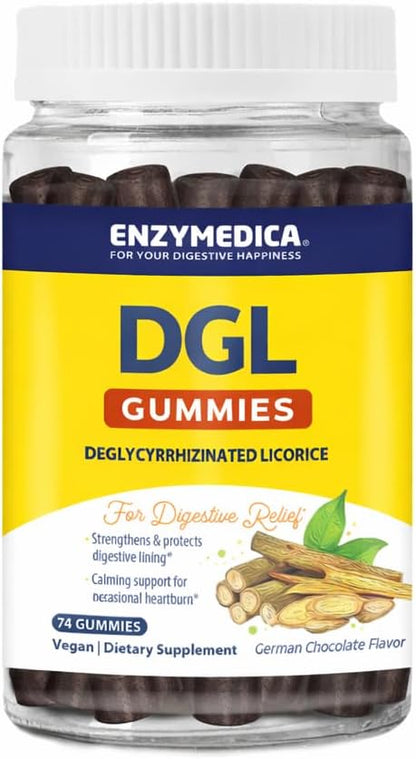 Enzymedica DGL Supplement for Men & Women - DGL Deglycyrrhizinated Licorice Gummies for Digestive Support & Gut Health, Soothes Stomach & Occasional Heartburn, Gluten Free, Vegan, Chocolate - 74 Count