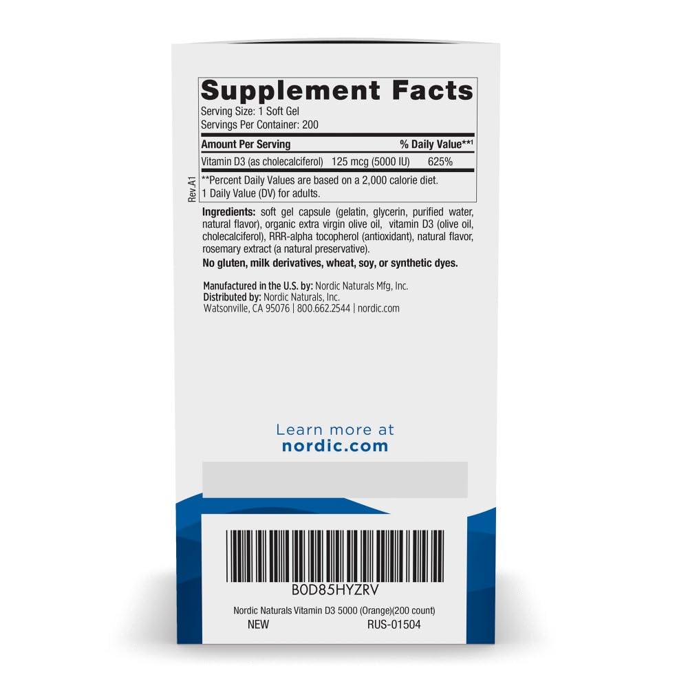 Nordic Naturals Vitamin D3 5000 IU,Non-GMO, Orange - 120 Mini Softgels | High-potency vitamin D3 for bone health, mood support & immune function. One mini softgel daily. Non-GMO. 120 servings