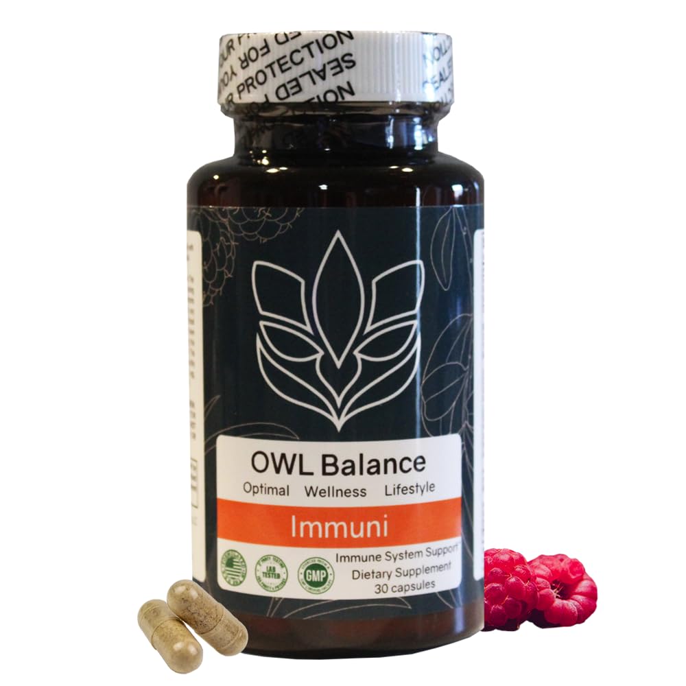 OWL Balance Immuni supplement bottle with capsules and raspberries on a white background