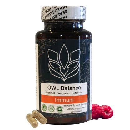 OWL Balance Immuni supplement bottle with capsules and raspberries on a white background