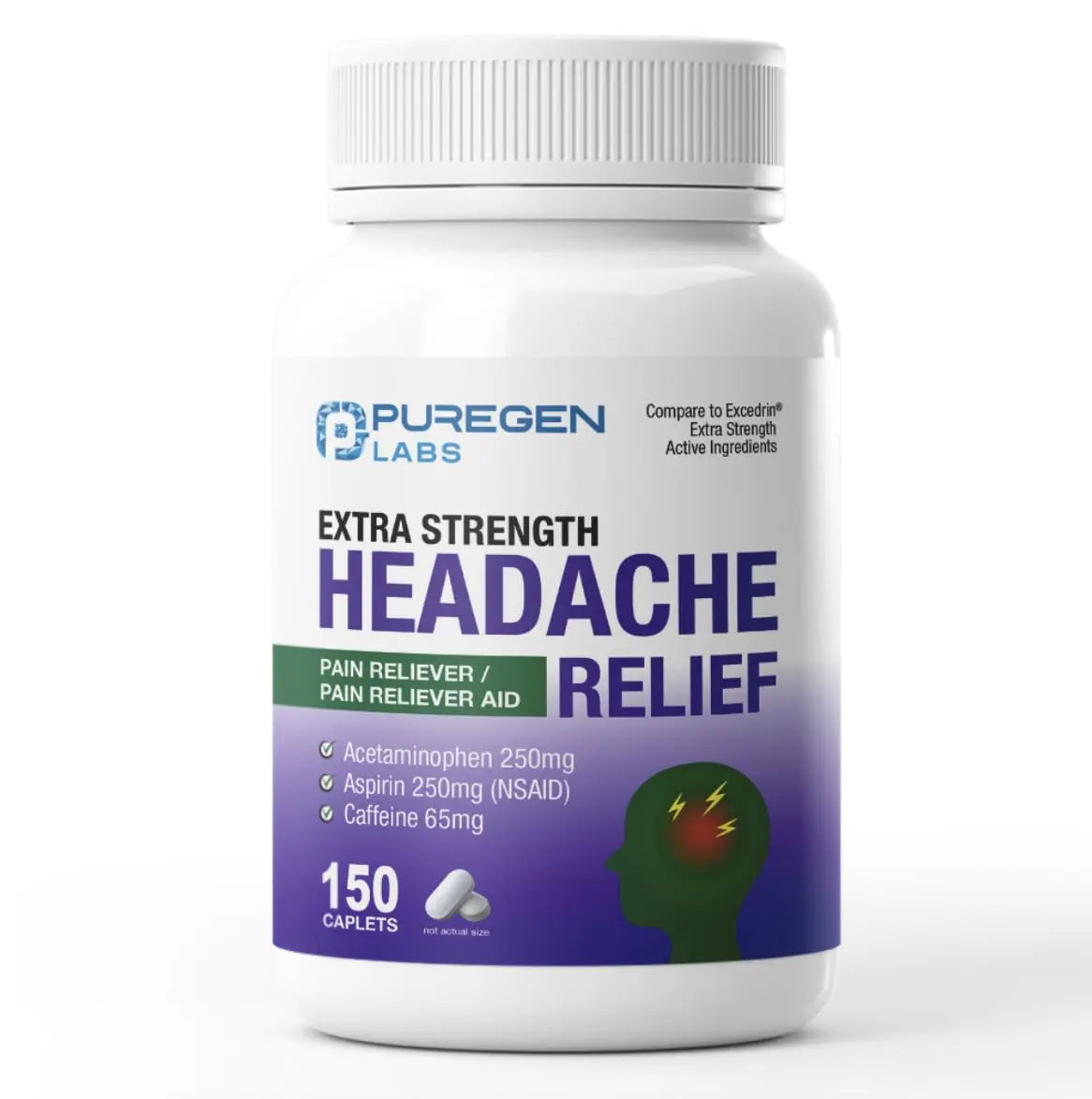 Puregen Labs Extra Strength Headache Caplets, Aspirin 250 mg (NSAID), Caffeine 65 mg, 150 Count P Puregen LabsBuy Supplements Australia