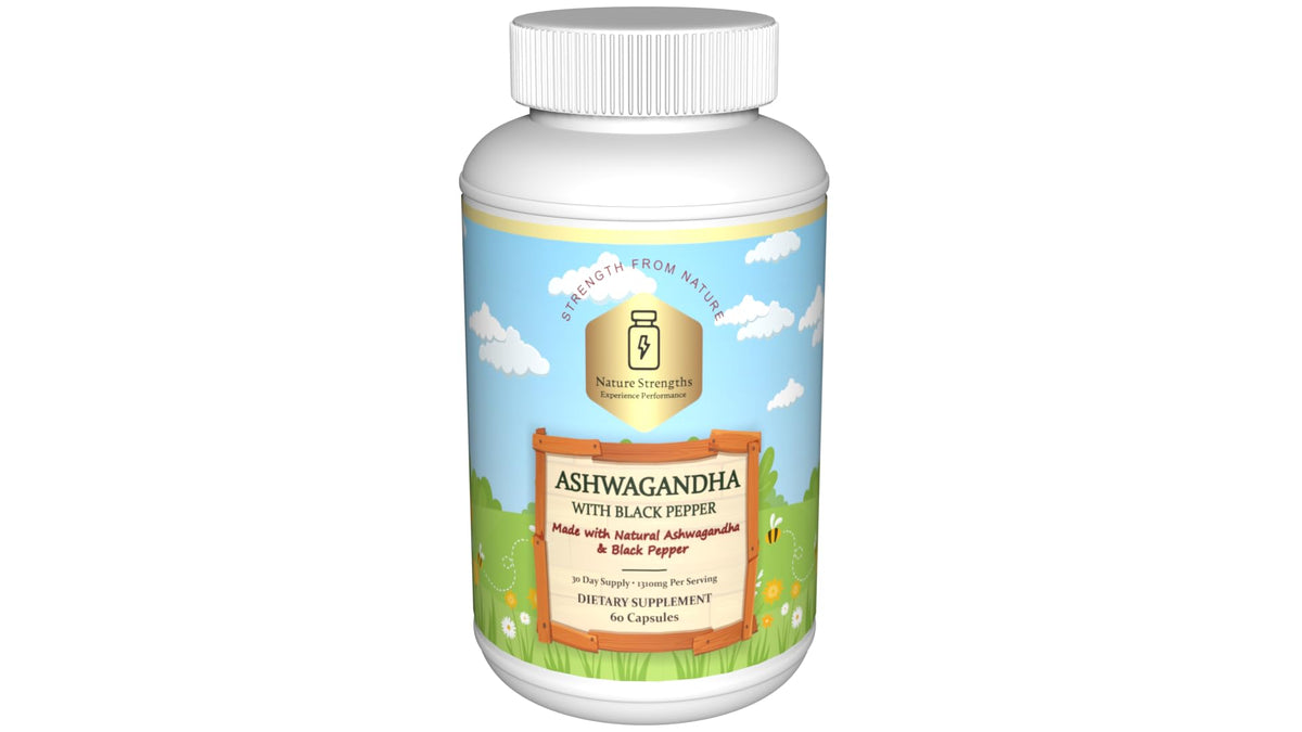 Supplement bottle labeled 'Ashwagandha' on a white background