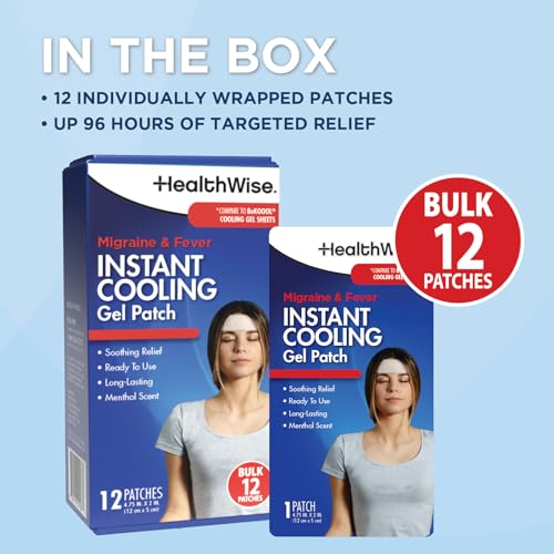 HealthWise Instant Cool Gel Patches | Migraine & Fever Relief | 12-Count | 4.75” x 2” | Soothing Menthol Vapors | Non-Medicated Formula HealthWiseBuy Supplements Australia