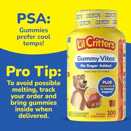 L’il Critters Gummy Vites No Sugar Added Daily Gummy Multivitamin for Ages 2+ Toddlers & Kids, Vitamin C, D3 for Immune