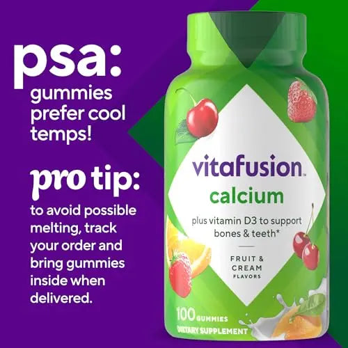 vitafusion Chewable Calcium Gummy Vitamins for Bone and Teeth Support, Calcium Gummies, Fruit and Cream Flavor, 100 Count, 50 Day Supply Vitafusion