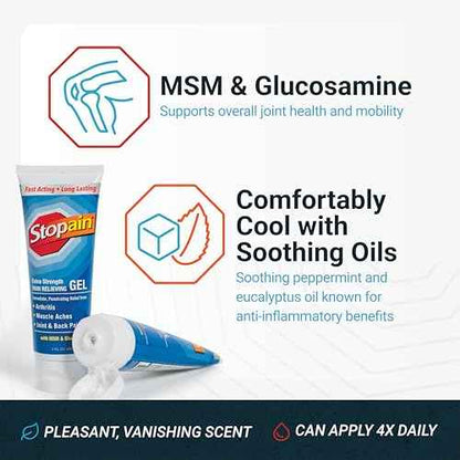Stopain Pain Relief Gel 3oz USA Made, Max Strength Fast Acting with MSM, Glucosamine, Menthol for Arthritis, Lower Back Sciatica, Knee, Neck, HSA FSA Approved Topical Analgesic Products