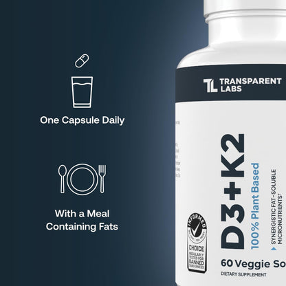 Transparent Labs Vitamin D3 K2 - Vitamin D & K2 Vitamin Supplement for Men & Women, Vegan-Friendly D3K2 5000 IU Supplements to Support Bone, Immune, and Overall Health - K2 D3 60 Capsules