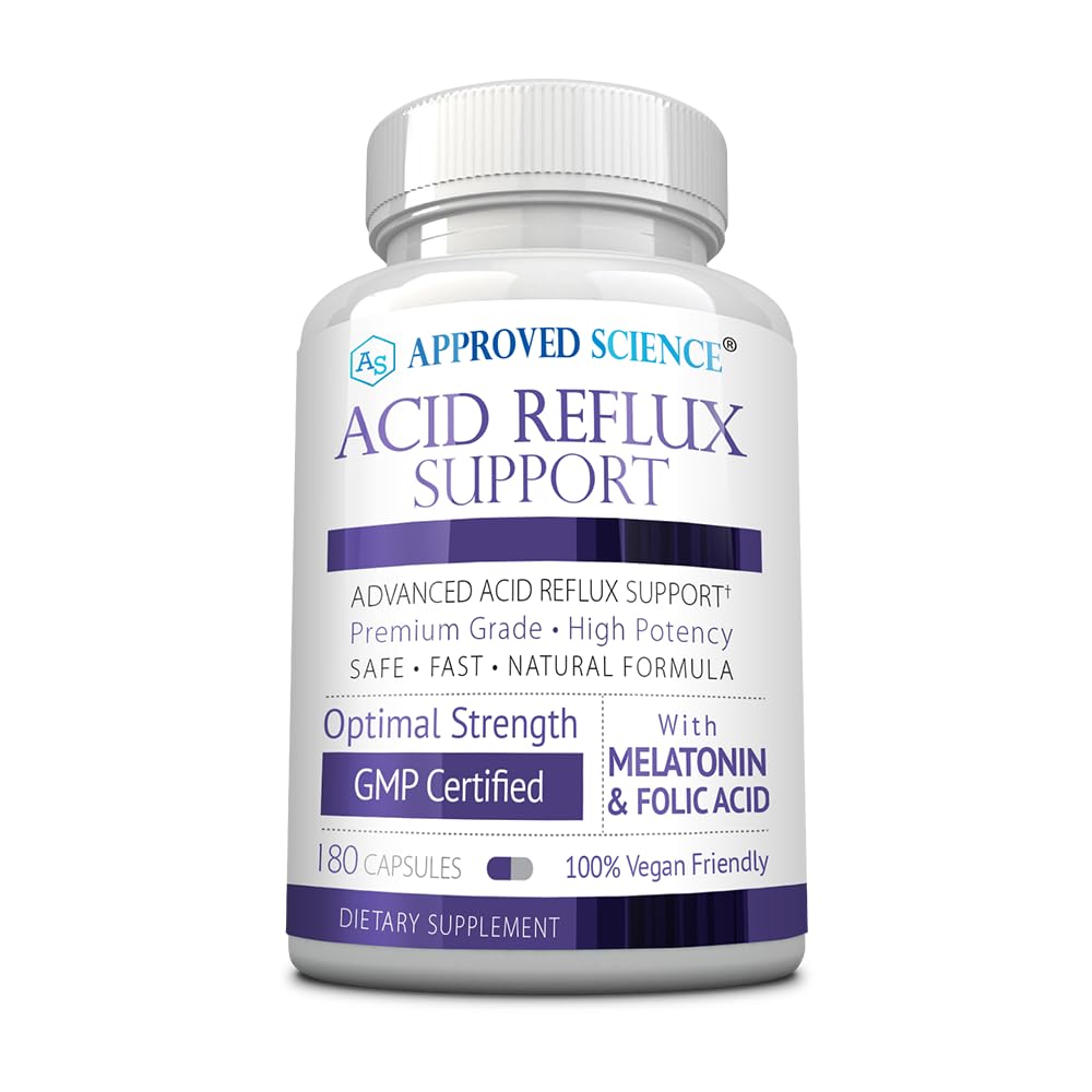 Supplement bottle labeled 'Acid Reflux Support' by Approved Science on a white background