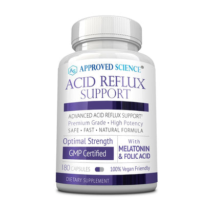 Supplement bottle labeled 'Acid Reflux Support' by Approved Science on a white background