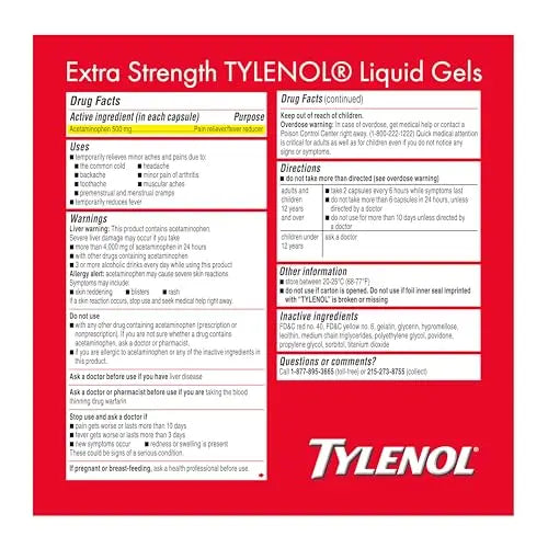 Tylenol Extra Strength Liquid Gels, Fast, Strong Pain Relief, Fever Reducer for Adults with 500 mg Acetaminophen, Fast-Acting Liquid Gel Capsules for Headaches & Minor Pain Relief, 75 Count TylenolBuy Supplements Australia