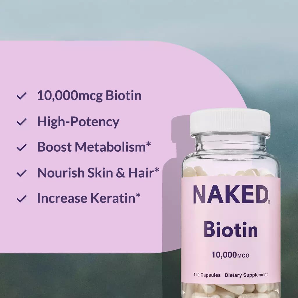 NAKED Biotin 10,000mcg - Max Strength Vitamin B7 Supplement for Healthy Hair, Skin & Nails Support - Non-GMO, Gluten-Free, Vegan - Supports Keratin Production - 120 Capsules