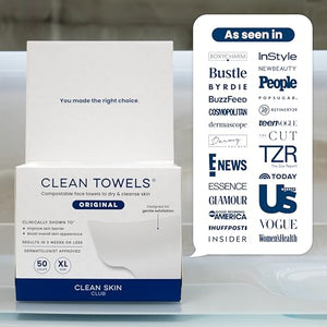 Clean Skin Club Clean Towels XL®, 100% USDA Biobased Face Towel, Disposable Face Towelette, Eczema Association Accepted, Makeup Remover Dry Wipes, Ultra Soft, 1 Pack, 50 Ct CLEAN SKIN CLUBBuy Supplements Australia