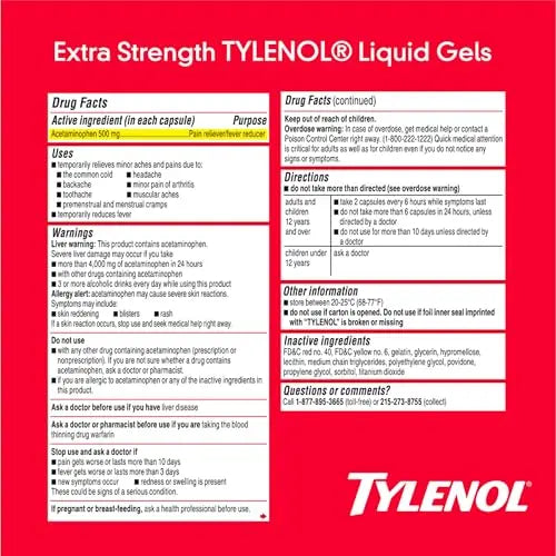 Tylenol Extra Strength Liquid Gels, Fast, Strong Pain Relief, Fever Reducer for Adults with 500 mg Acetaminophen, Fast-Acting Liquid Gel Capsules for Headaches & Minor Pain Relief, 40 Count TylenolBuy Supplements Australia
