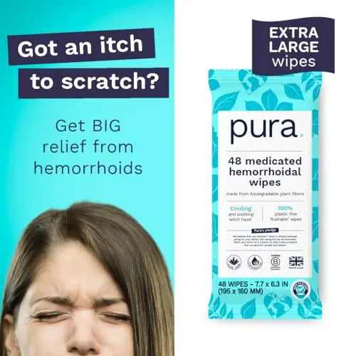 Pura Flushable Hemorrhoid Wipes XL, 48 Count, Medicated with Cooling Witch Hazel, Aloe & Coconut Oil, Fast Relief, Fragrance-Free, 100% Plastic-Free PuraBuy Supplements Australia