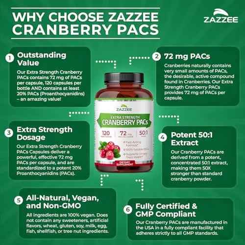Zazzee Cranberry PACs, 72 mg PACs per Capsule, 2X Strength, 100% Soluble, 120 Vegan Capsules, 50:1 Extract, 18,200 mg Strength, Fast-Acting, Effective Urinary Tract Support, Made in The USA