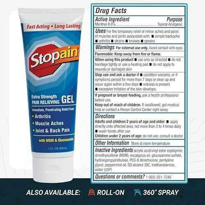 Stopain Pain Relief Gel 3oz USA Made, Max Strength Fast Acting with MSM, Glucosamine, Menthol for Arthritis, Lower Back Sciatica, Knee, Neck, HSA FSA Approved Topical Analgesic Products