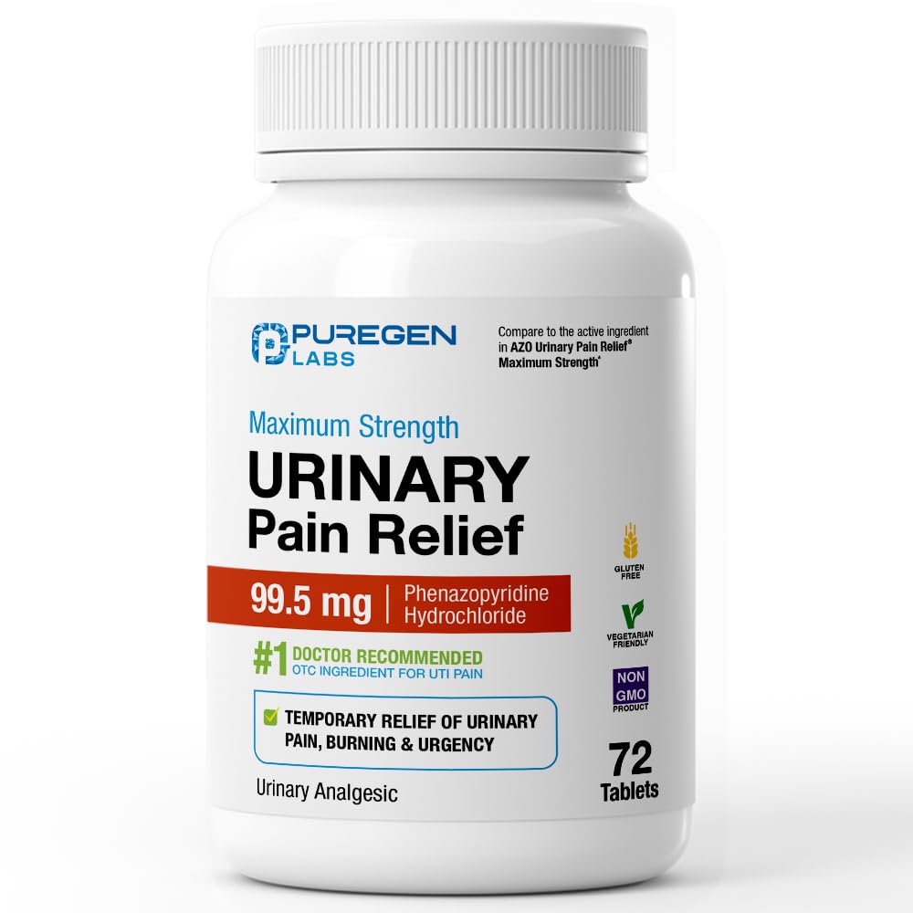 Puregen Labs Urinary Pain Relief | Phenazopyridine HCl 99.5mg Tablets | Maximum Strength OTC for Fast Relief of UTI Pain, Burning and Bladder discomfort – 72 Count Tablets P Puregen Labs buy supplements Au