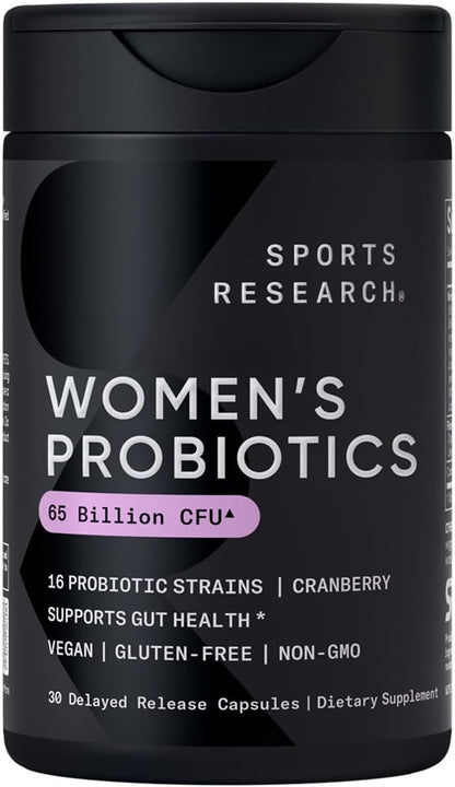 Sports Research Women's Probiotics with Prebiotics, 65 Billion CFU - Vegan Capsules for Gut Health & Digestive Support, Probiotics for Women with Cranberry - Non-GMO Verified & Gluten Free - 30 Count