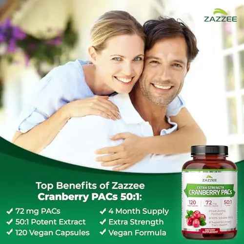 Zazzee Cranberry PACs, 72 mg PACs per Capsule, 2X Strength, 100% Soluble, 120 Vegan Capsules, 50:1 Extract, 18,200 mg Strength, Fast-Acting, Effective Urinary Tract Support, Made in The USA