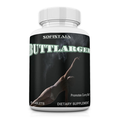 Dietary supplement bottle labeled 'ButtLarger' by Sofistaia on a white background